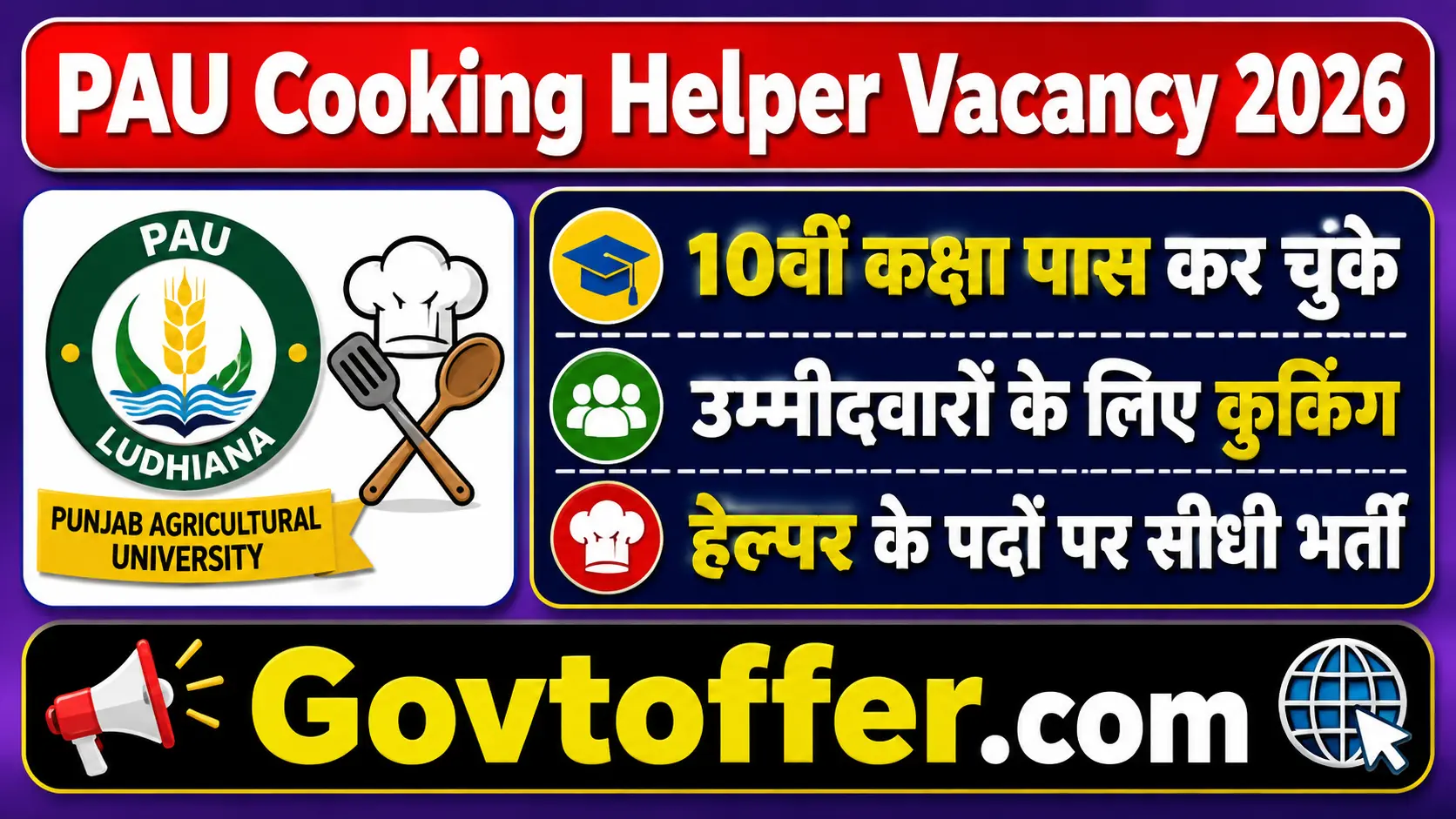 PAU Punjab Agricultural University Ludhiana Cooking Helper vacancy 2026 notification for 02 contractual posts under scheme Misc 8 PC-4715, salary Rs 14286 per month, 10th pass with Punjabi as subject, 1 year Indian and Continental cooking experience, VIP VVIP level experience preferred, fee Rs 150 DD in favour of Comptroller PAU payable at Ludhiana, age 18 to 58 years as on 01 January 2026, last date 10 August 2026